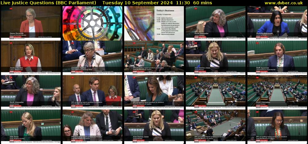 Live Justice Questions (BBC Parliament) Tuesday 10 September 2024 11:30 - 12:30