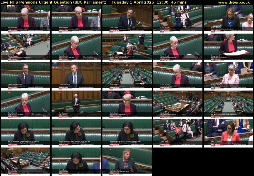 Live NHS Pensions Urgent Question (BBC Parliament) Tuesday 1 April 2025 12:30 - 13:15