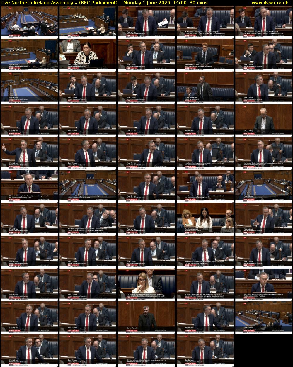 Live Northern Ireland Assembly... (BBC Parliament) Monday 1 June 2026 14:00 - 14:30