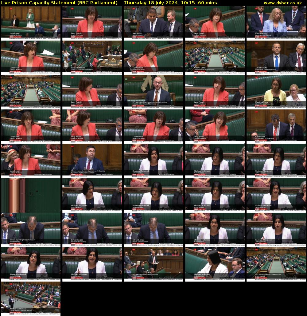 Live Prison Capacity Statement (BBC Parliament) Thursday 18 July 2024 10:15 - 11:15