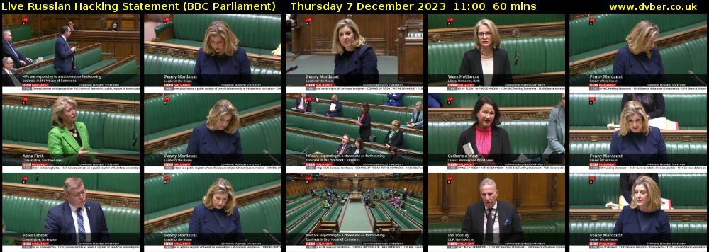 Live Russian Hacking Statement (BBC Parliament) Thursday 7 December 2023 11:00 - 12:00