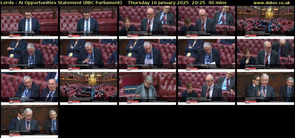 Lords - AI Opportunities Statement (BBC Parliament) Thursday 16 January 2025 20:25 - 21:05