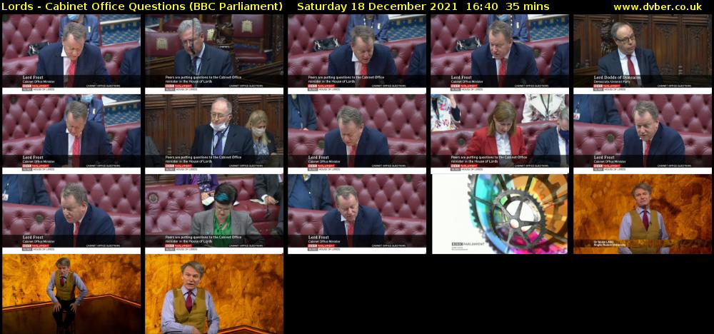 Lords - Cabinet Office Questions (BBC Parliament) Saturday 18 December 2021 16:40 - 17:15