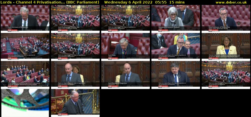 Lords - Channel 4 Privatisation... (BBC Parliament) Wednesday 6 April 2022 05:55 - 06:10