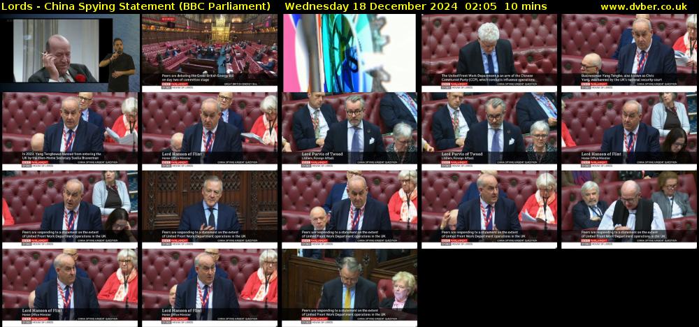 Lords - China Spying Statement (BBC Parliament) Wednesday 18 December 2024 02:05 - 02:15