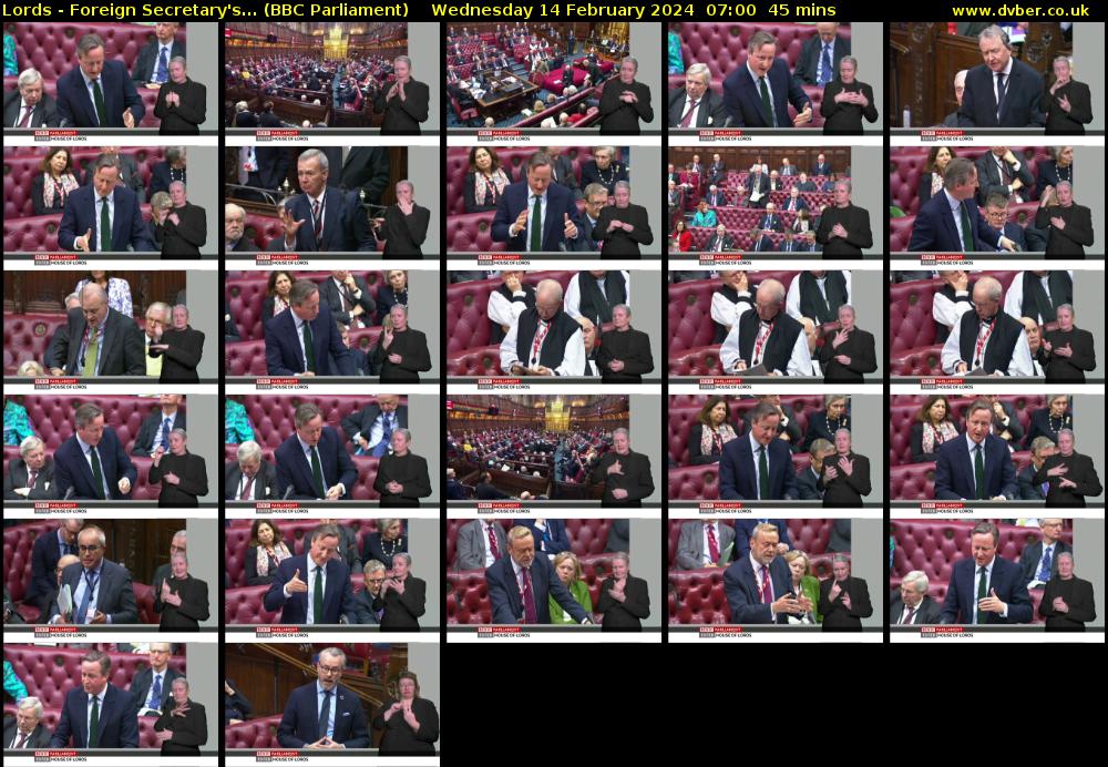 Lords - Foreign Secretary's... (BBC Parliament) Wednesday 14 February 2024 07:00 - 07:45