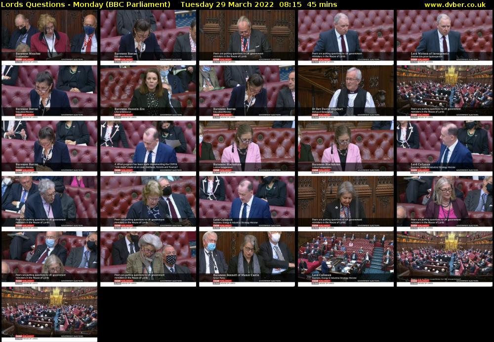 Lords Questions - Monday (BBC Parliament) Tuesday 29 March 2022 08:15 - 09:00