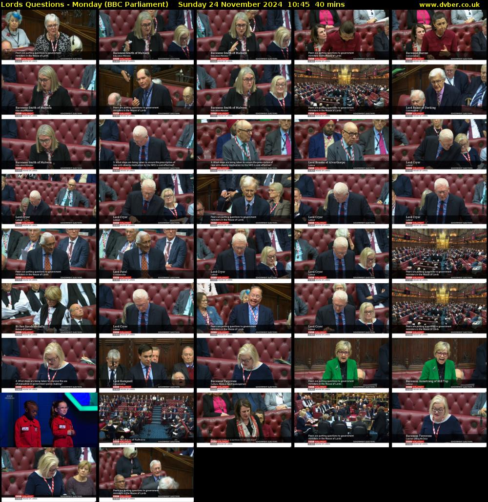 Lords Questions - Monday (BBC Parliament) Sunday 24 November 2024 10:45 - 11:25