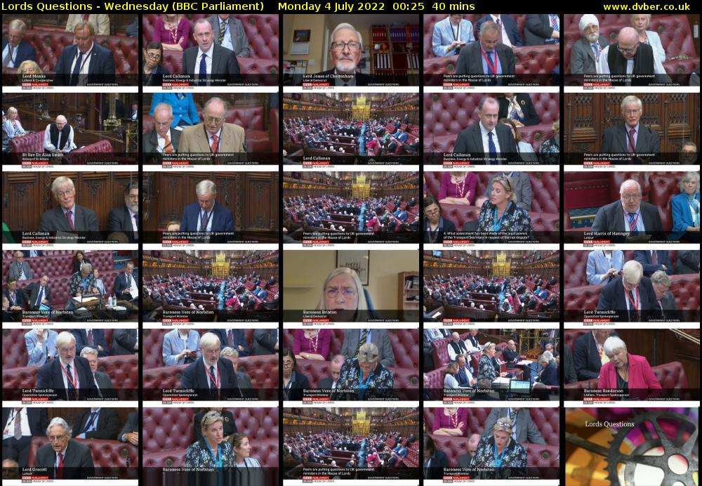Lords Questions - Wednesday (BBC Parliament) Monday 4 July 2022 00:25 - 01:05