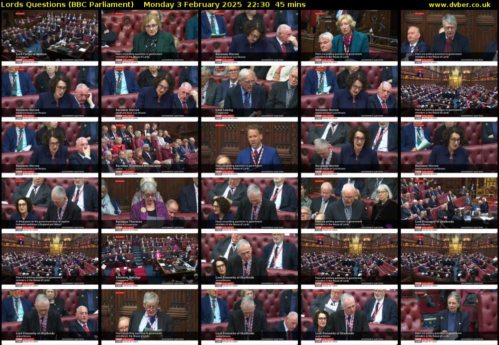 Lords Questions (BBC Parliament) Monday 3 February 2025 22:30 - 23:15