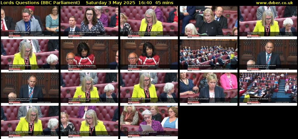 Lords Questions (BBC Parliament) Saturday 3 May 2025 16:40 - 17:25