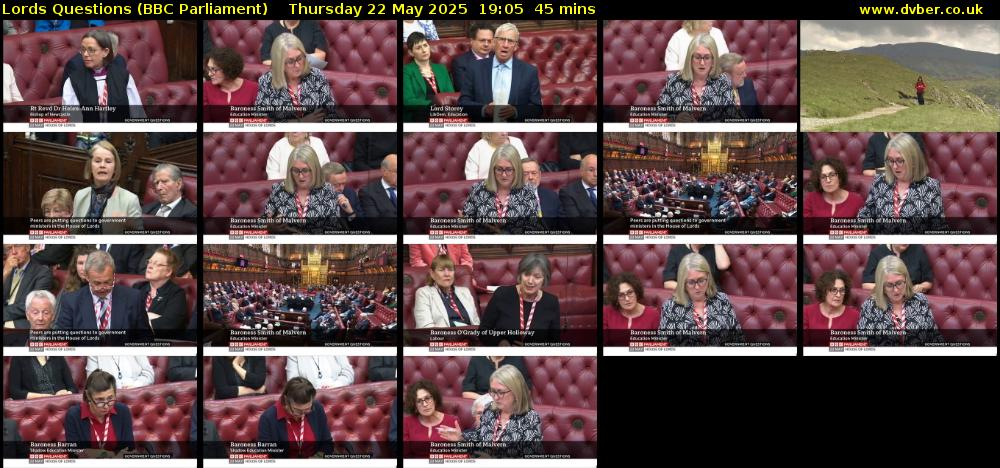 Lords Questions (BBC Parliament) Thursday 22 May 2025 19:05 - 19:50