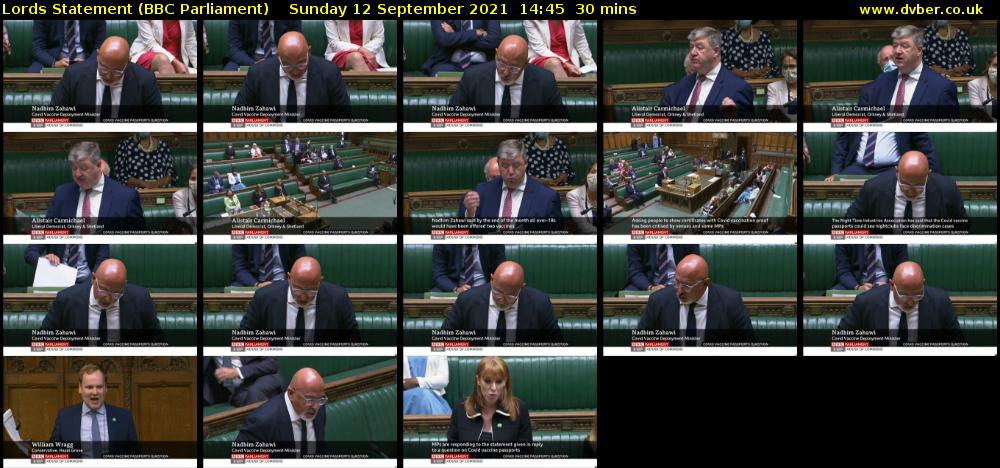 Lords Statement (BBC Parliament) Sunday 12 September 2021 14:45 - 15:15