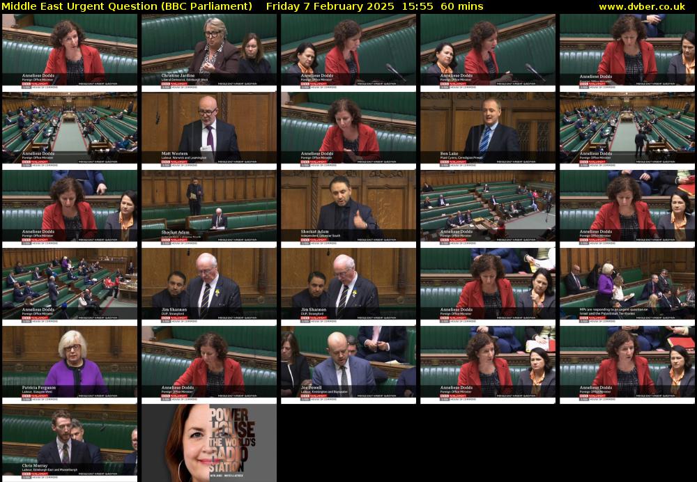 Middle East Urgent Question (BBC Parliament) Friday 7 February 2025 15:55 - 16:55