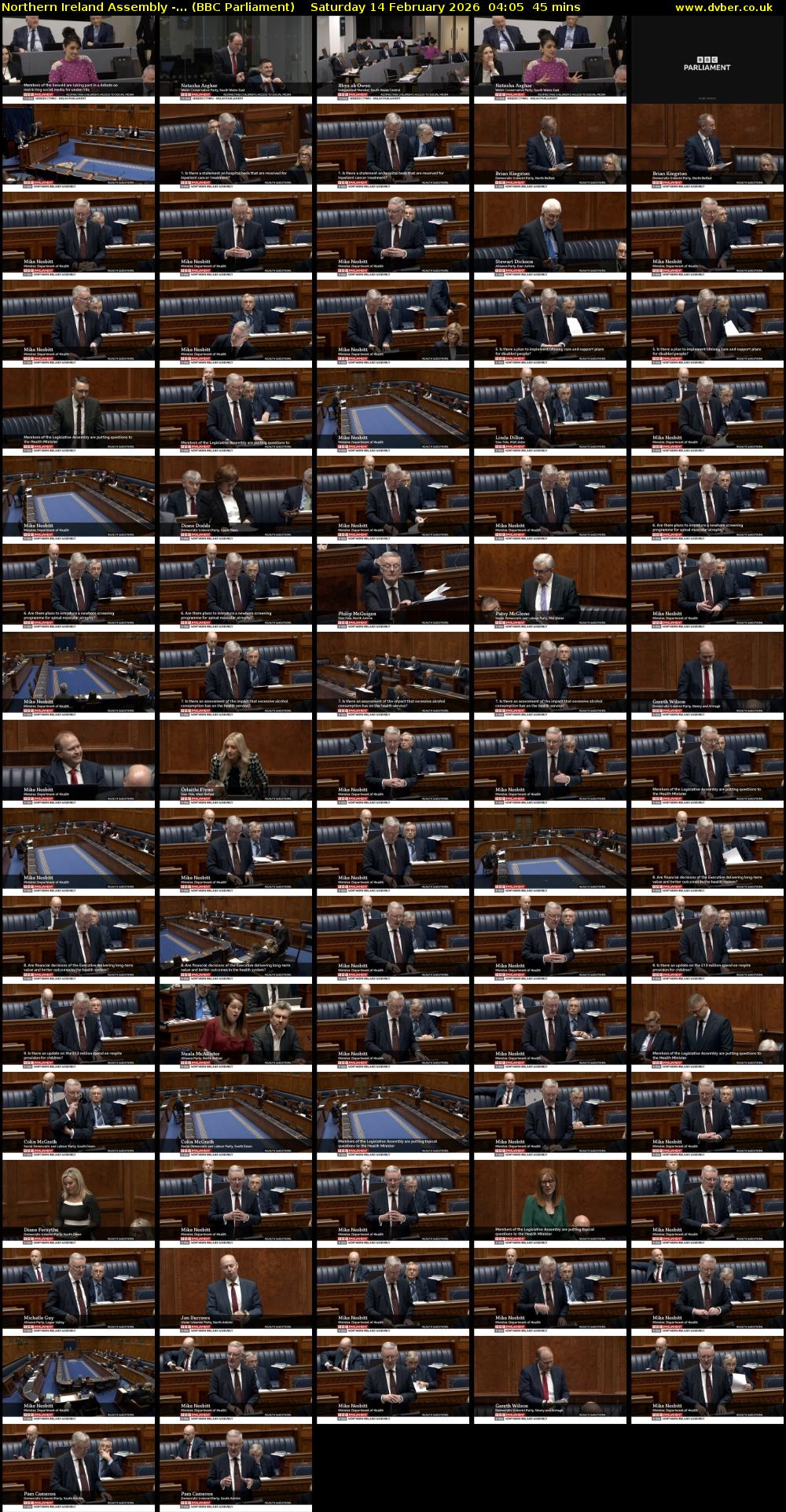 Northern Ireland Assembly -... (BBC Parliament) Saturday 14 February 2026 04:05 - 04:50