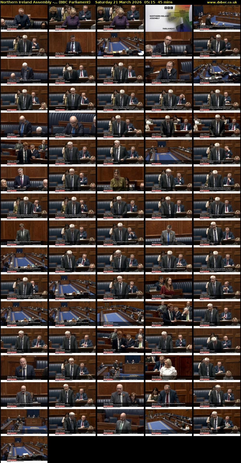 Northern Ireland Assembly -... (BBC Parliament) Saturday 21 March 2026 05:15 - 06:00
