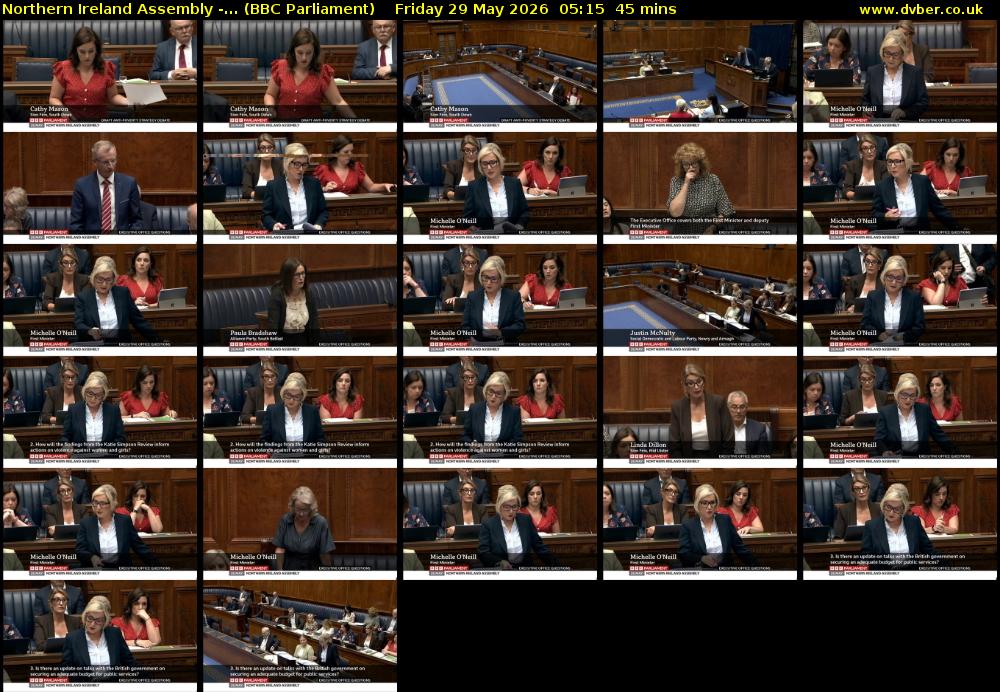 Northern Ireland Assembly -... (BBC Parliament) Friday 29 May 2026 05:15 - 06:00