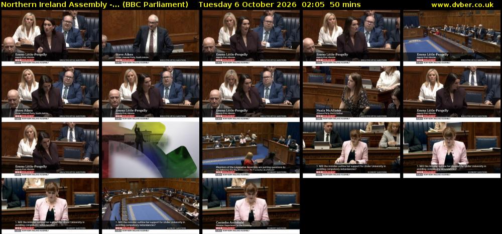 Northern Ireland Assembly -... (BBC Parliament) Tuesday 6 October 2026 02:05 - 02:55