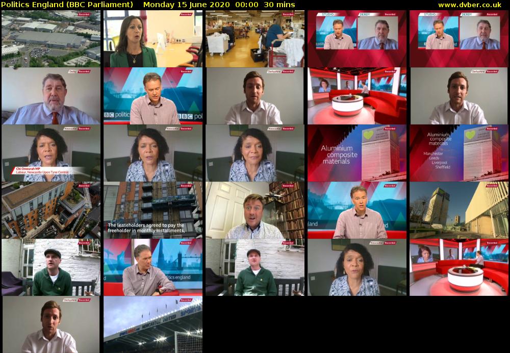 Politics England (BBC Parliament) Monday 15 June 2020 00:00 - 00:30
