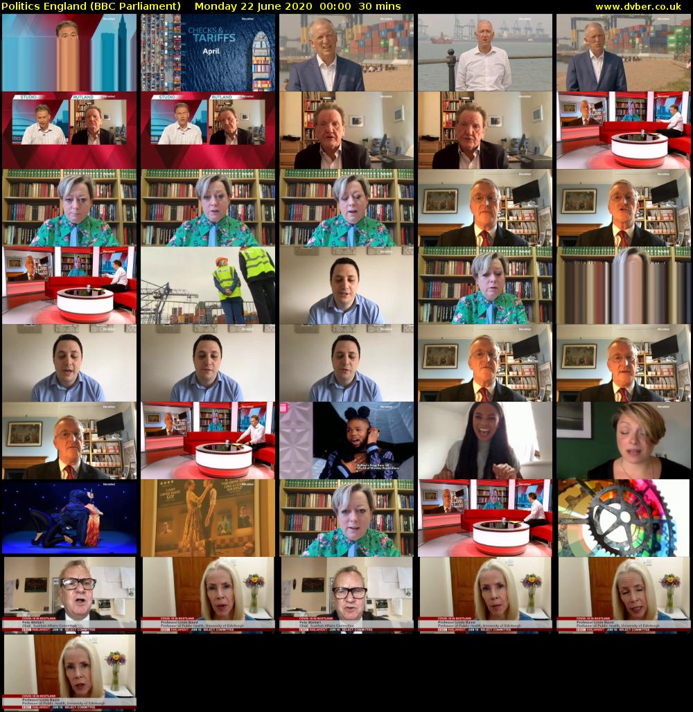 Politics England (BBC Parliament) Monday 22 June 2020 00:00 - 00:30