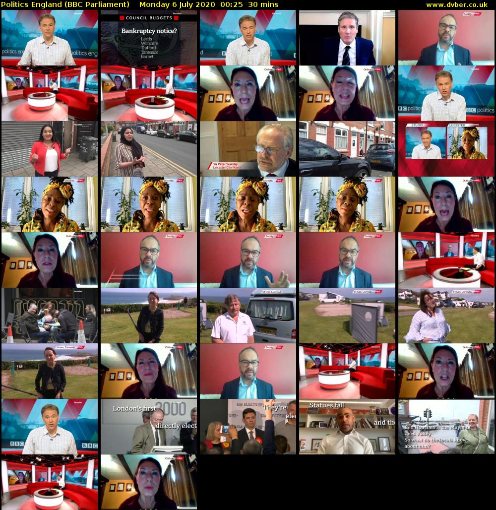 Politics England (BBC Parliament) Monday 6 July 2020 00:25 - 00:55