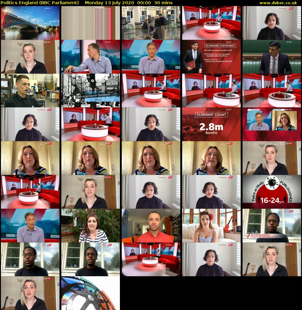 Politics England (BBC Parliament) Monday 13 July 2020 00:00 - 00:30