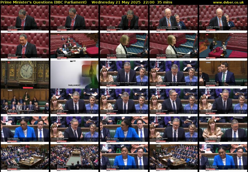 Prime Minister's Questions (BBC Parliament) Wednesday 21 May 2025 22:00 - 22:35