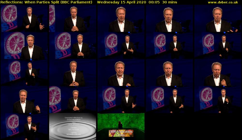 Reflections: When Parties Split (BBC Parliament) Wednesday 15 April 2020 00:05 - 00:35