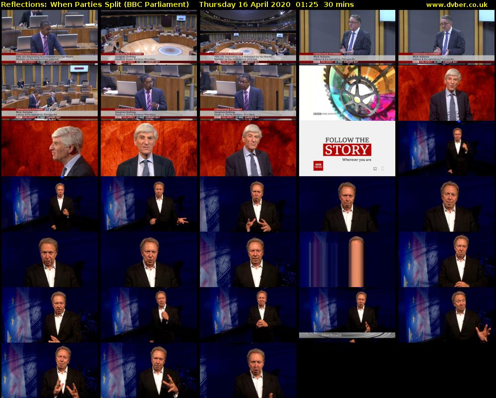 Reflections: When Parties Split (BBC Parliament) Thursday 16 April 2020 01:25 - 01:55