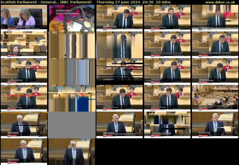 Scottish Parliament - General... (BBC Parliament) Thursday 27 June 2024 20:30 - 20:50
