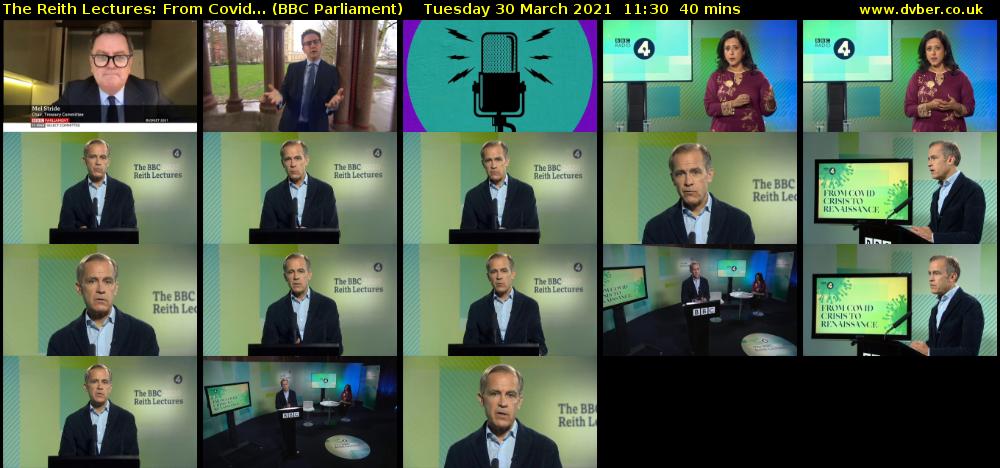 The Reith Lectures: From Covid... (BBC Parliament) Tuesday 30 March 2021 11:30 - 12:10