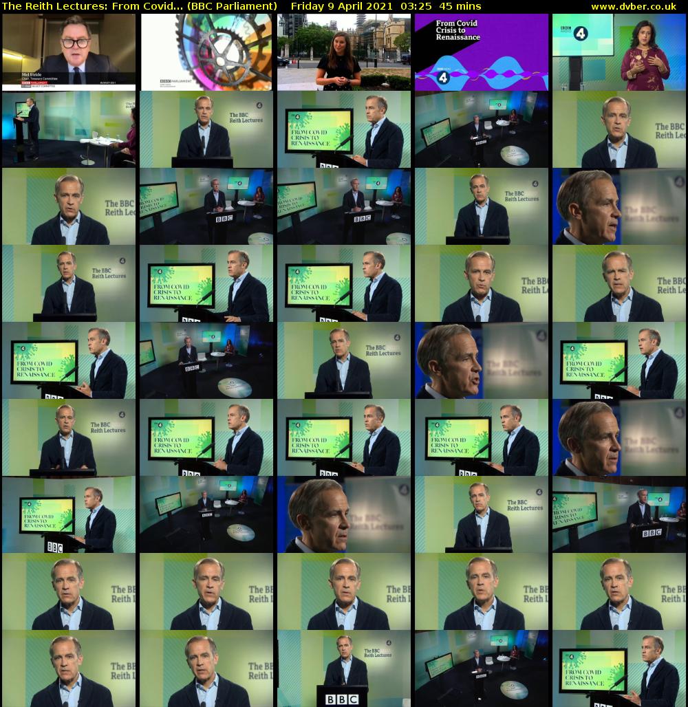 The Reith Lectures: From Covid... (BBC Parliament) Friday 9 April 2021 03:25 - 04:10