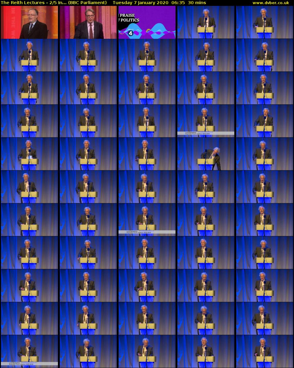 The Reith Lectures - 2/5 In... (BBC Parliament) Tuesday 7 January 2020 06:35 - 07:05