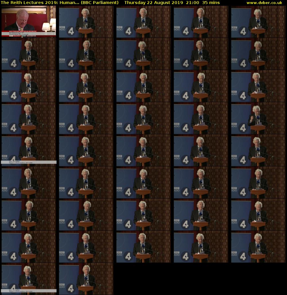 The Reith Lectures 2019: Human... (BBC Parliament) Thursday 22 August 2019 21:00 - 21:35