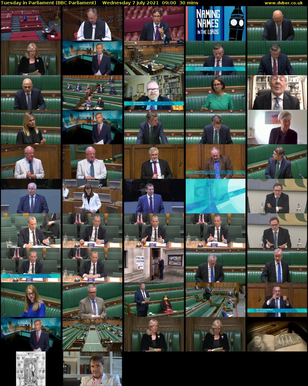 Tuesday in Parliament (BBC Parliament) Wednesday 7 July 2021 09:00 - 09:30