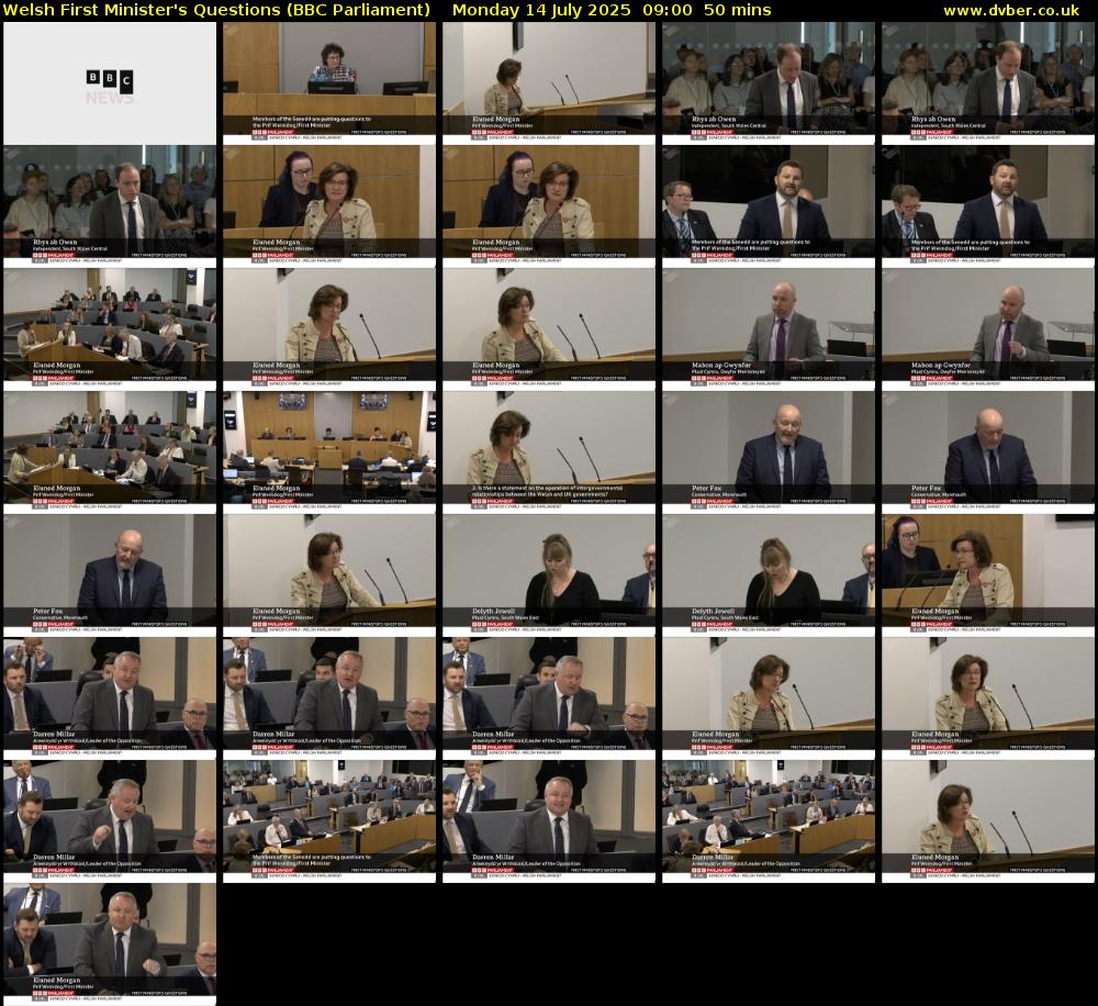 Welsh First Minister's Questions (BBC Parliament) Monday 14 July 2025 09:00 - 09:50