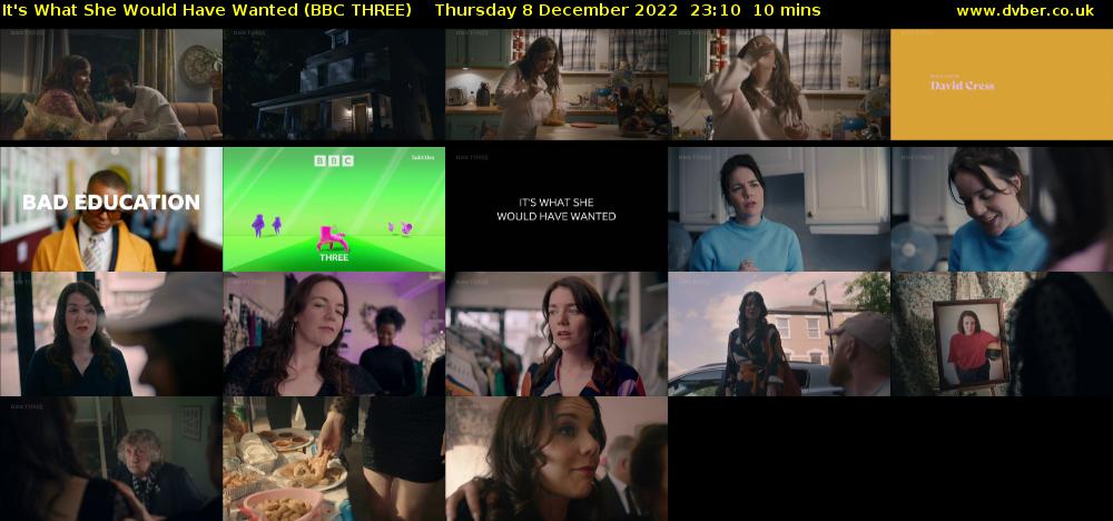 It's What She Would Have Wanted (BBC THREE) Thursday 8 December 2022 23:10 - 23:20