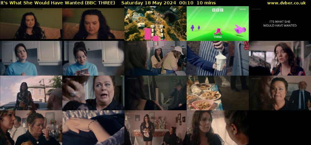 It's What She Would Have Wanted (BBC THREE) Saturday 18 May 2024 00:10 - 00:20
