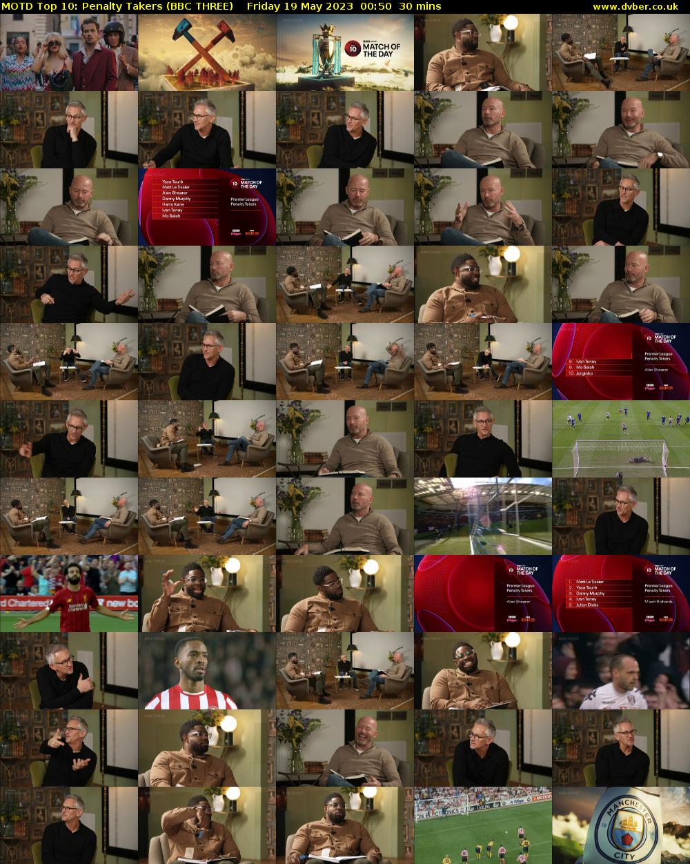 MOTD Top 10: Penalty Takers (BBC THREE) Friday 19 May 2023 00:50 - 01:20