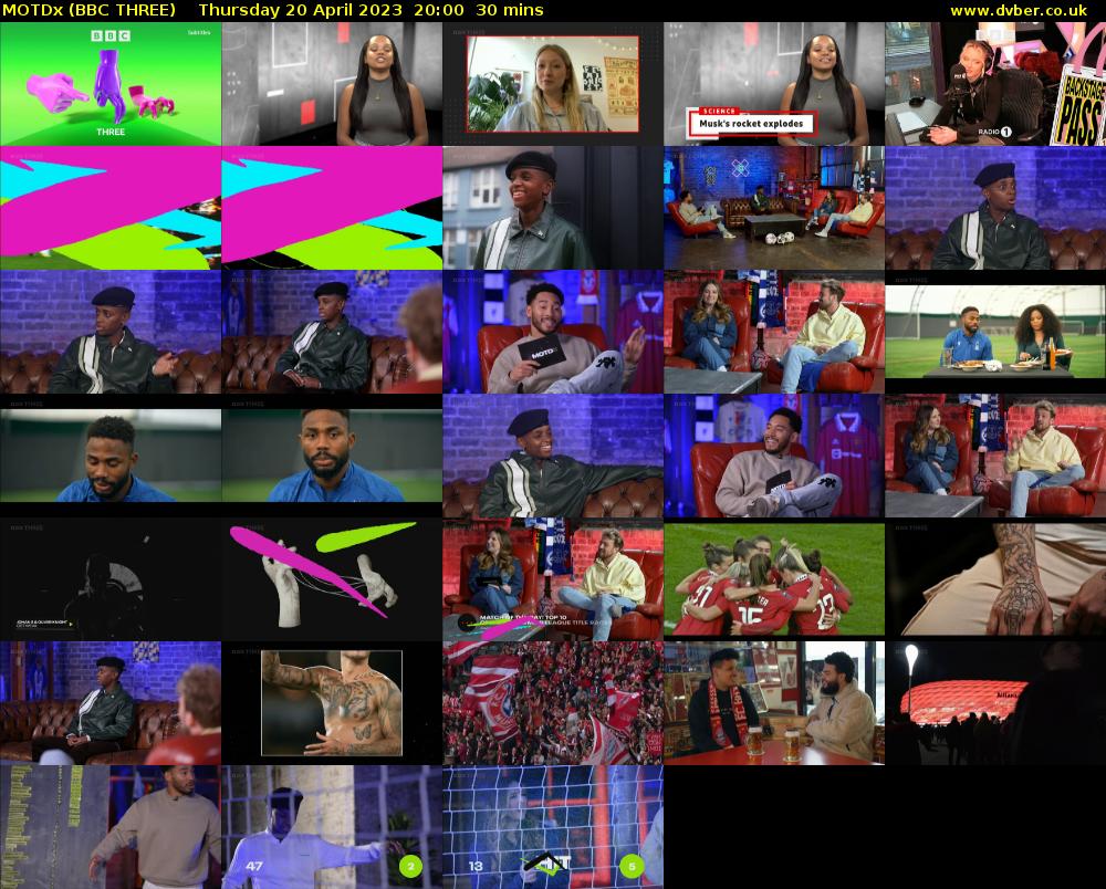 MOTDx (BBC THREE) Thursday 20 April 2023 20:00 - 20:30