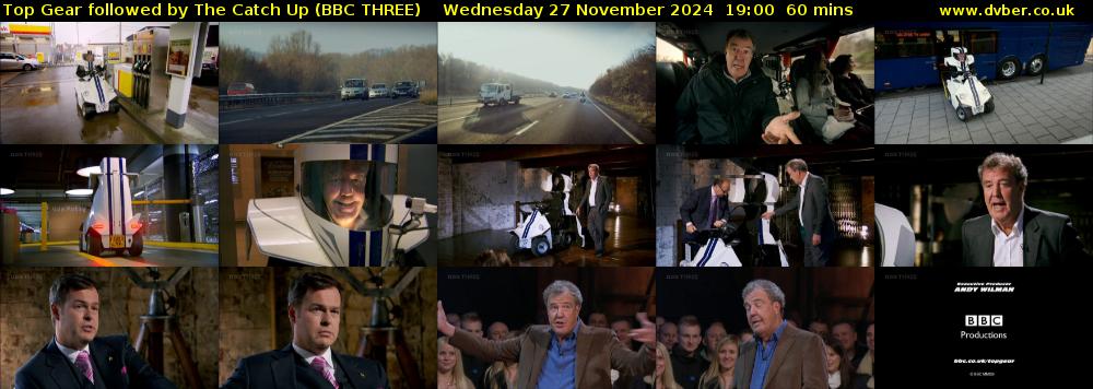 Top Gear followed by The Catch Up (BBC THREE) Wednesday 27 November 2024 19:00 - 20:00
