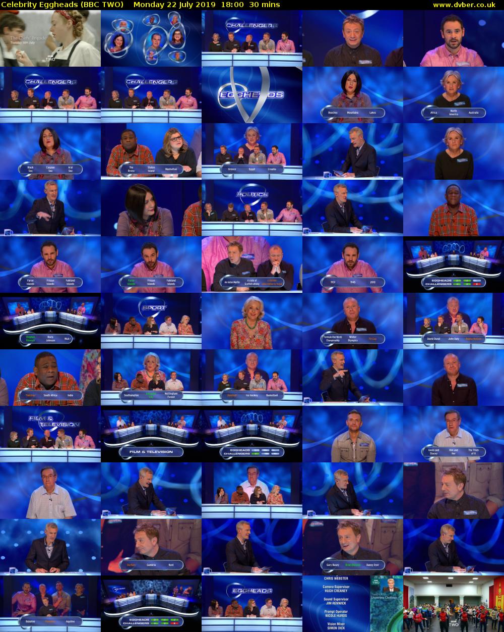 Celebrity Eggheads (BBC TWO) Monday 22 July 2019 18:00 - 18:30