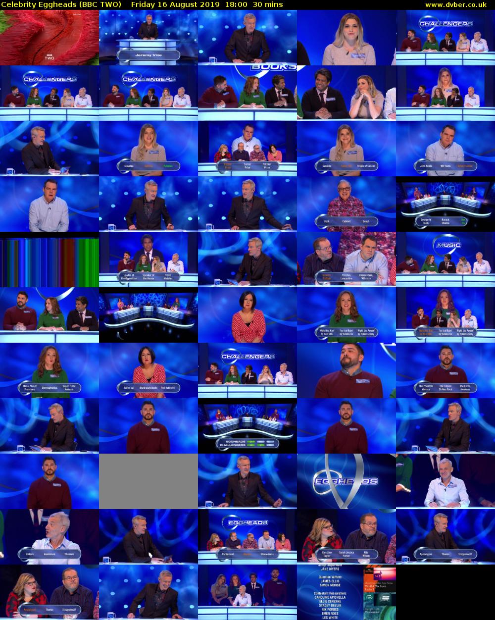 Celebrity Eggheads (BBC TWO) Friday 16 August 2019 18:00 - 18:30