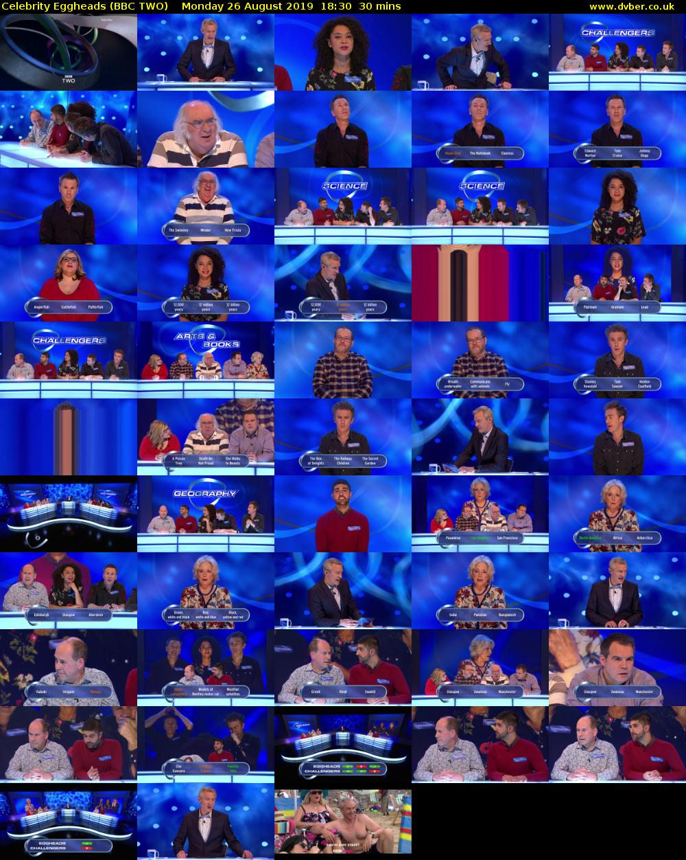 Celebrity Eggheads (BBC TWO) Monday 26 August 2019 18:30 - 19:00