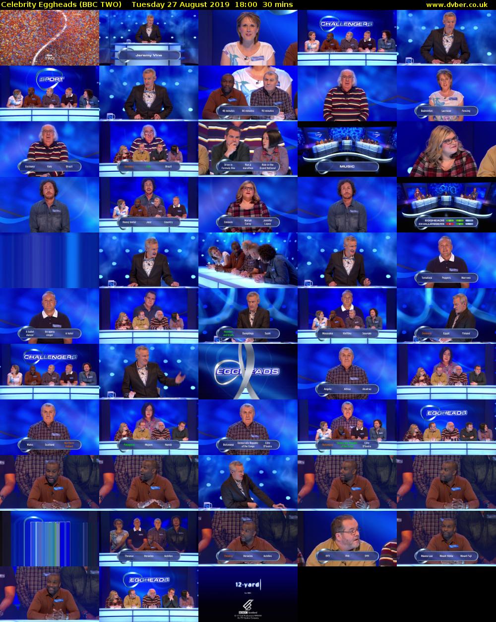 Celebrity Eggheads (BBC TWO) Tuesday 27 August 2019 18:00 - 18:30