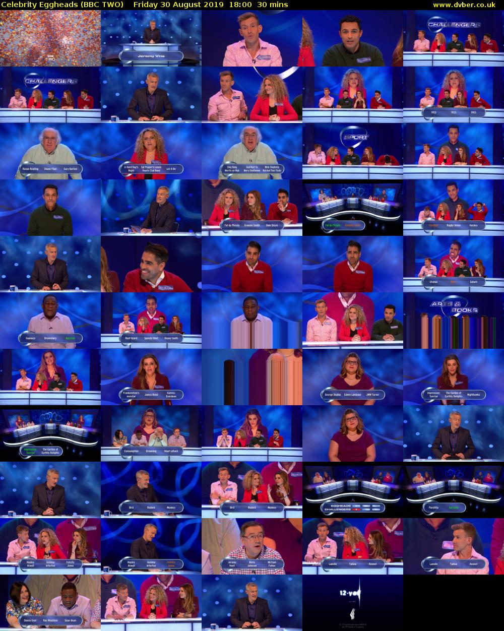 Celebrity Eggheads (BBC TWO) Friday 30 August 2019 18:00 - 18:30
