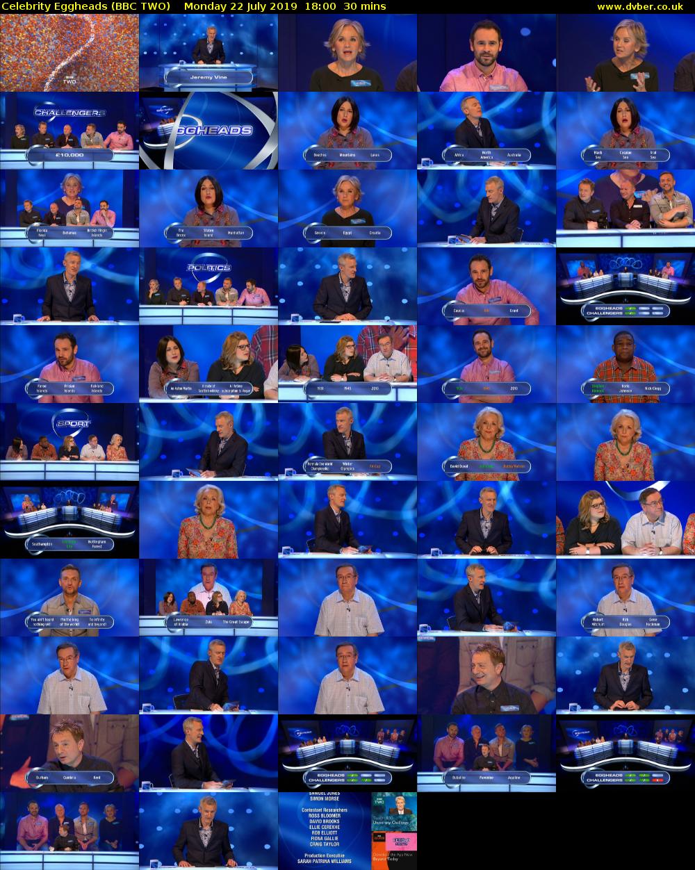 Celebrity Eggheads (BBC TWO) Monday 22 July 2019 18:00 - 18:30