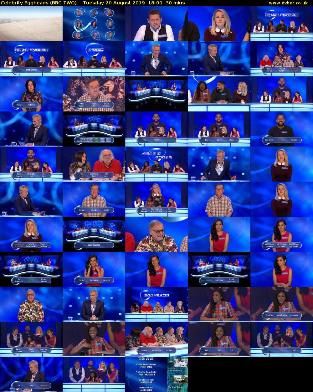 Celebrity Eggheads (BBC TWO) Tuesday 20 August 2019 18:00 - 18:30