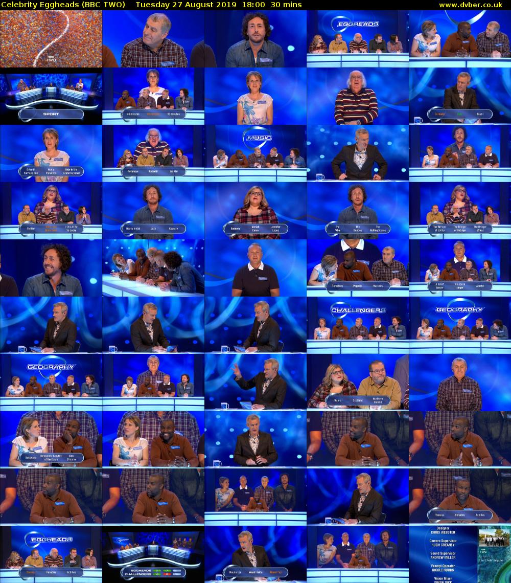 Celebrity Eggheads (BBC TWO) Tuesday 27 August 2019 18:00 - 18:30