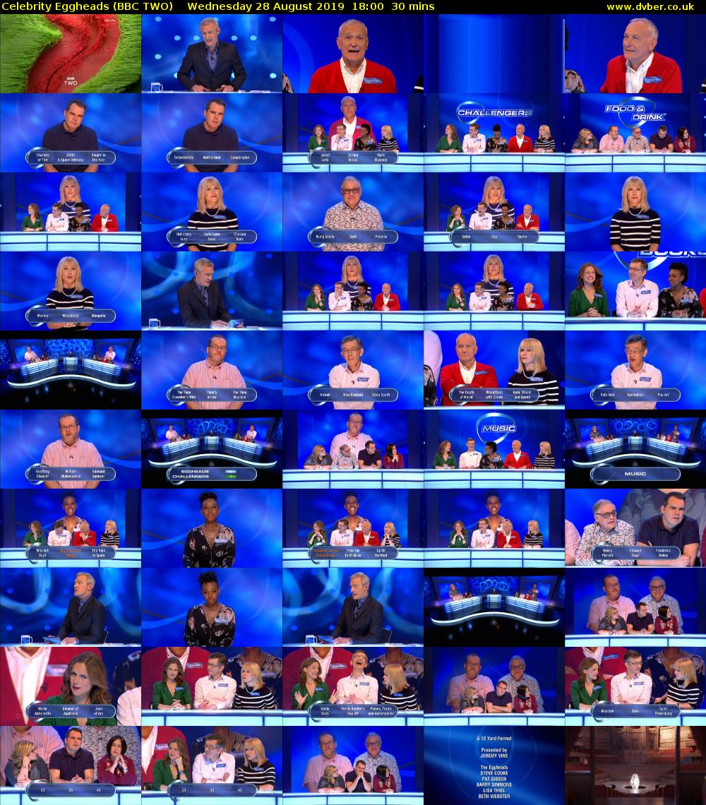 Celebrity Eggheads (BBC TWO) Wednesday 28 August 2019 18:00 - 18:30